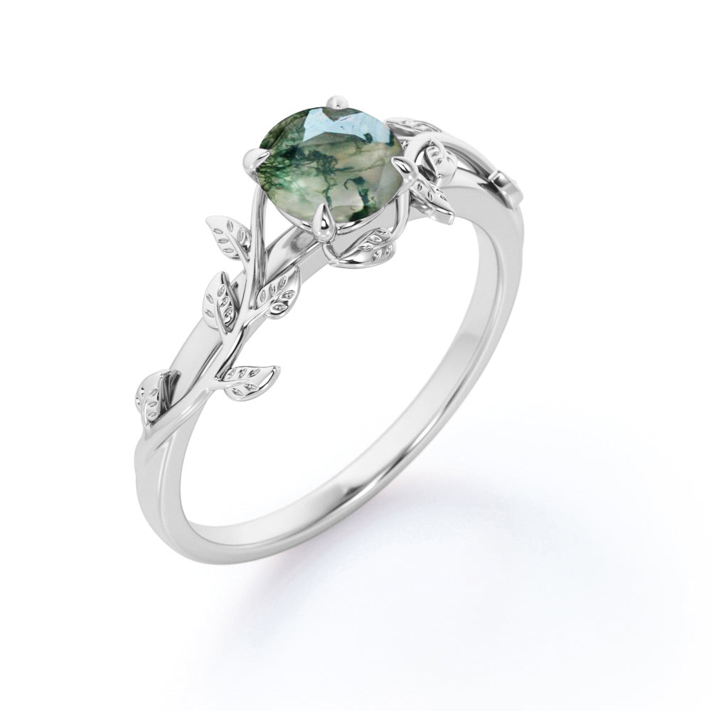Nature Inspired 1 Ct Round Green Moss Agate Engagement Ring