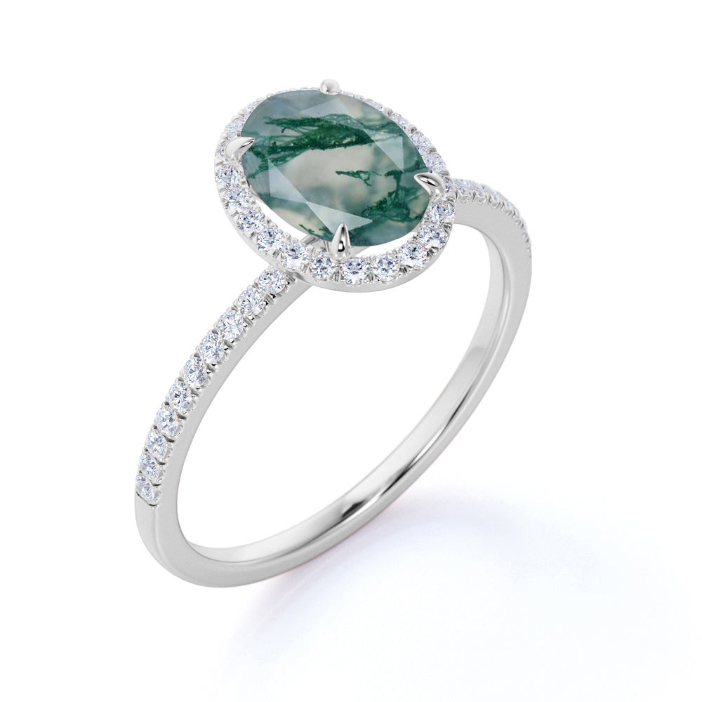Halo 1.50 Carat Oval Green Moss Agate Ring