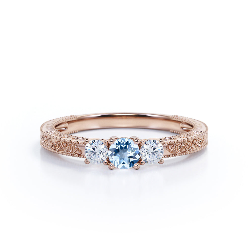 1 Carat Round Cut Aquamarine Three Stone Engagement Ring