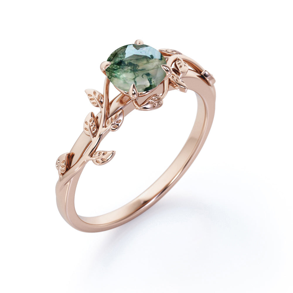 Nature Inspired 1 Ct Round Green Moss Agate Engagement Ring