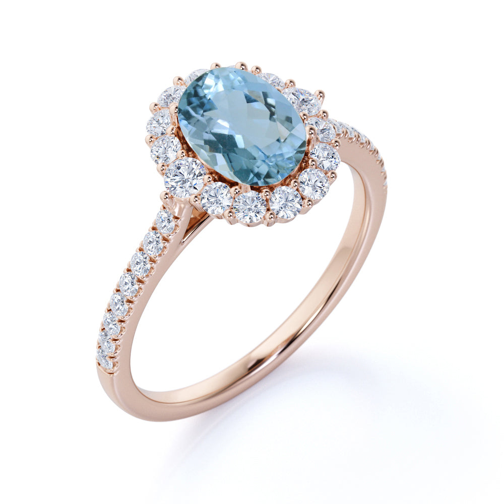 Halo 1.50 ct Oval Aquamarine Pave Engagement Ring