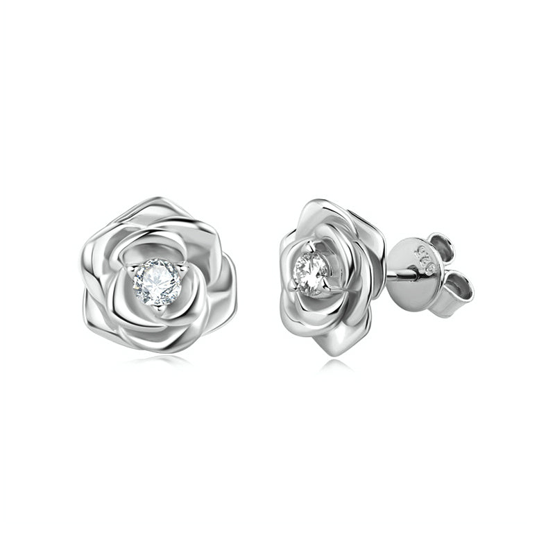 Rose Shaped Solitaire Moissanite Stud Earrings In Sterling Silver