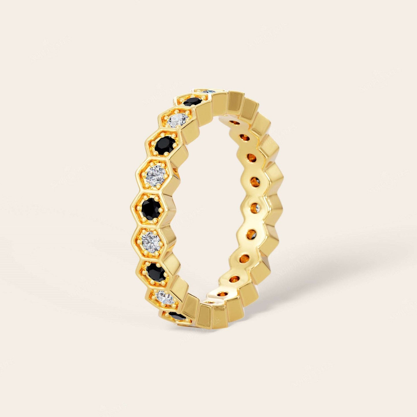 Round Cut Black Onyx & Lab Grown Diamond Full Eternity Band