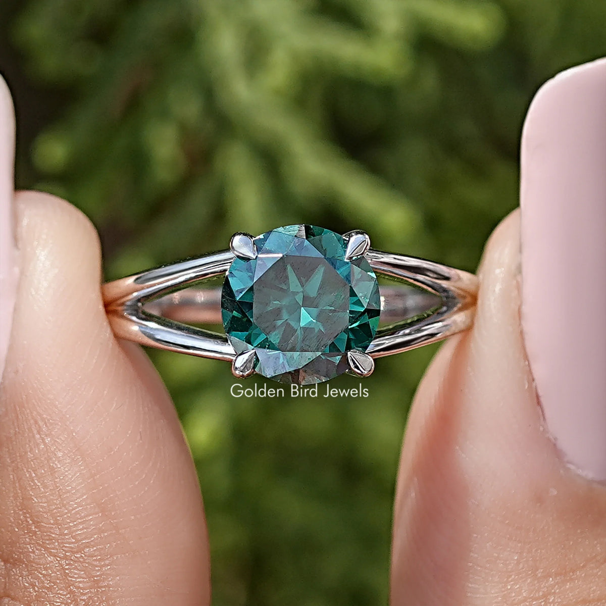 Round Cut Moissanite Split Shank Engagement Ring