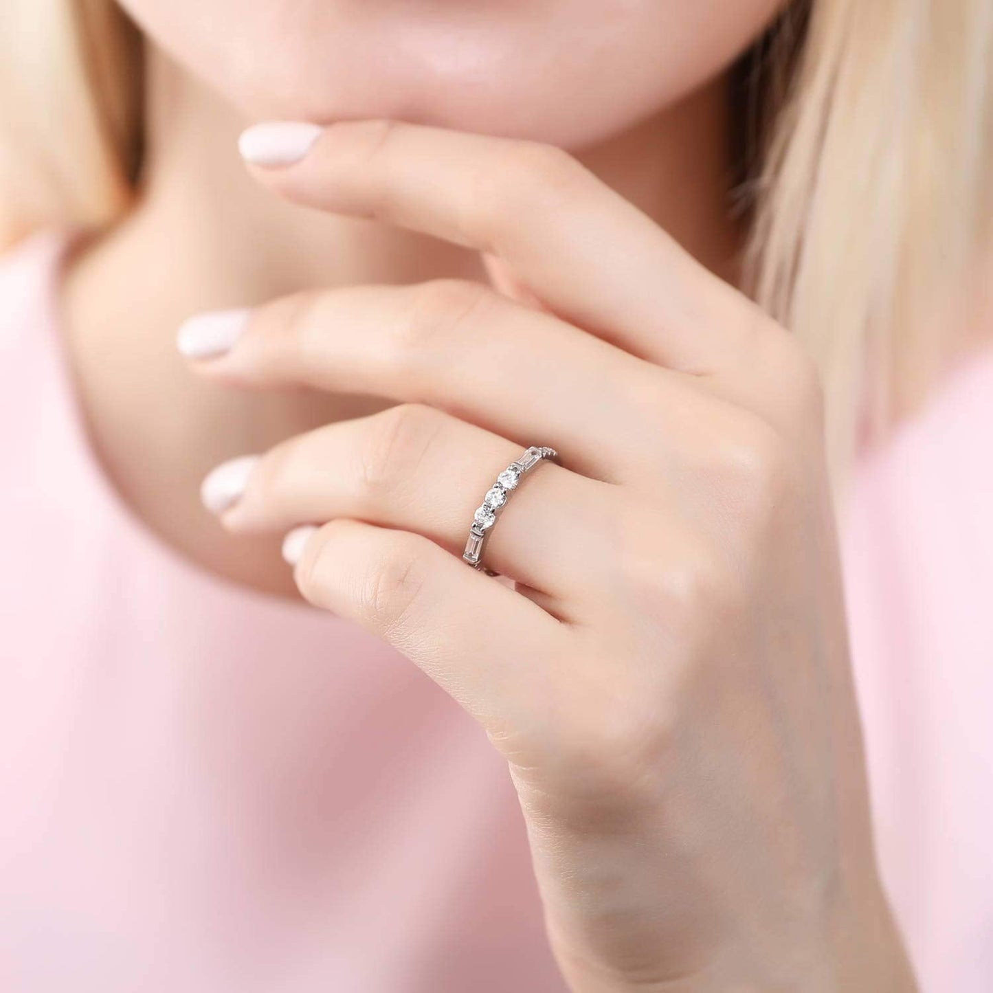 Round And Emerald-Cut Moissanite Half Eternity Wedding Band