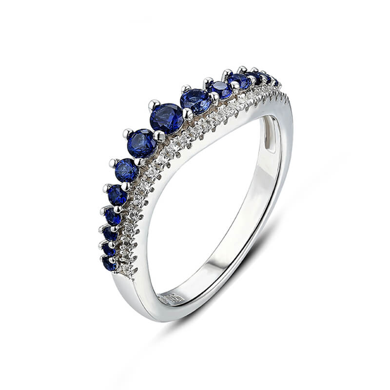 Round Created Sapphire Curved Sterling Silver Wedding Band Ring