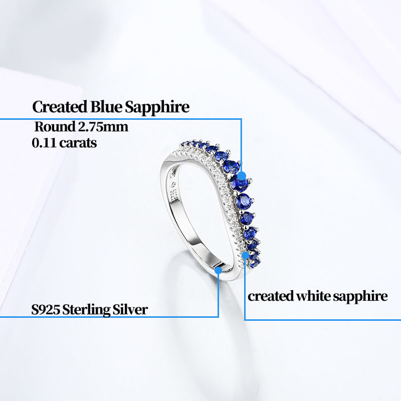 Round Created Sapphire Curved Sterling Silver Wedding Band Ring