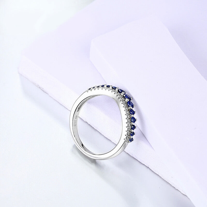 Round Created Sapphire Curved Sterling Silver Wedding Band Ring