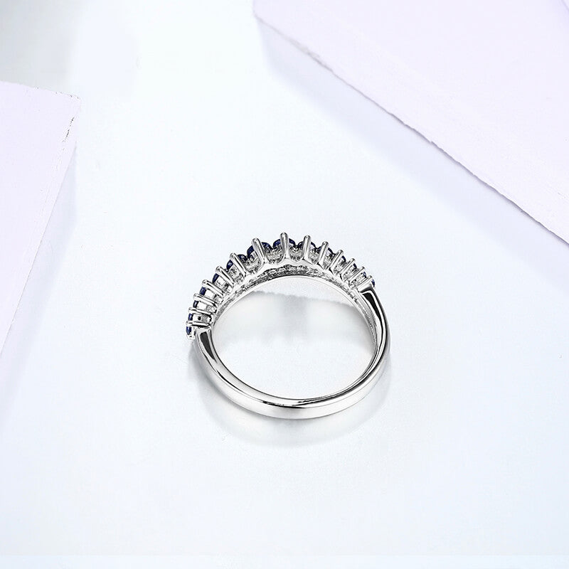 Round Created Sapphire Curved Sterling Silver Wedding Band Ring