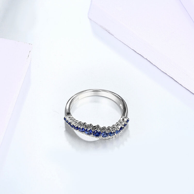 Round Created Sapphire Curved Sterling Silver Wedding Band Ring