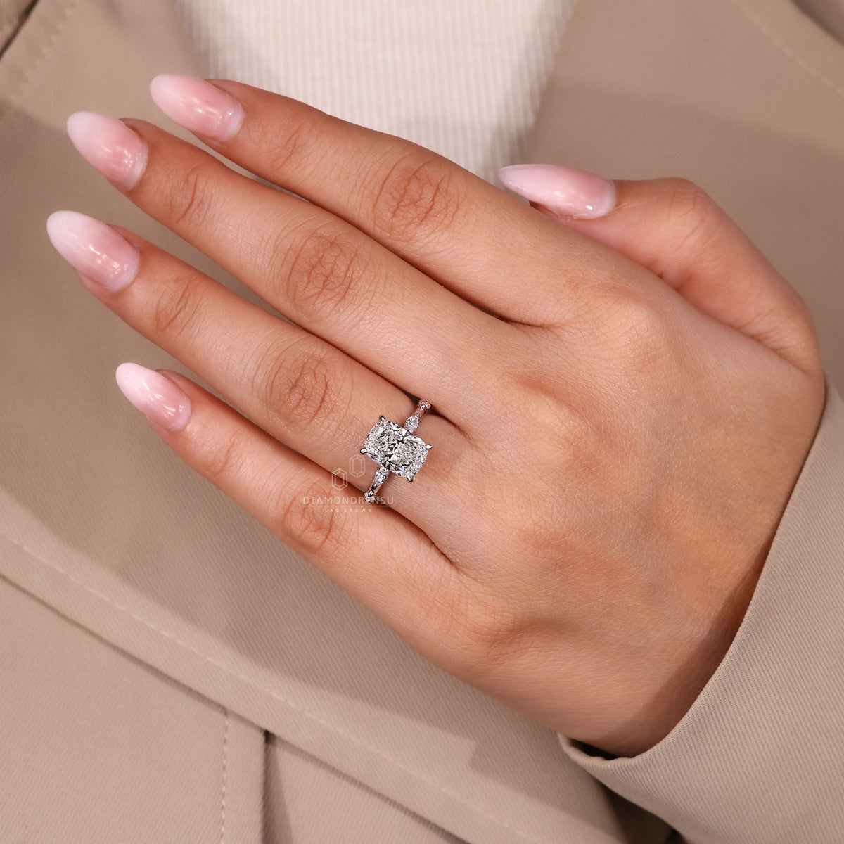 Elongated Cushion Cut Diamond Ring in Distance Pave Setting