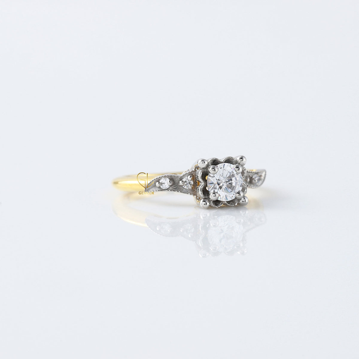 Round Cut Lab Grown Diamond Art Deco Two Tone Engagement Ring