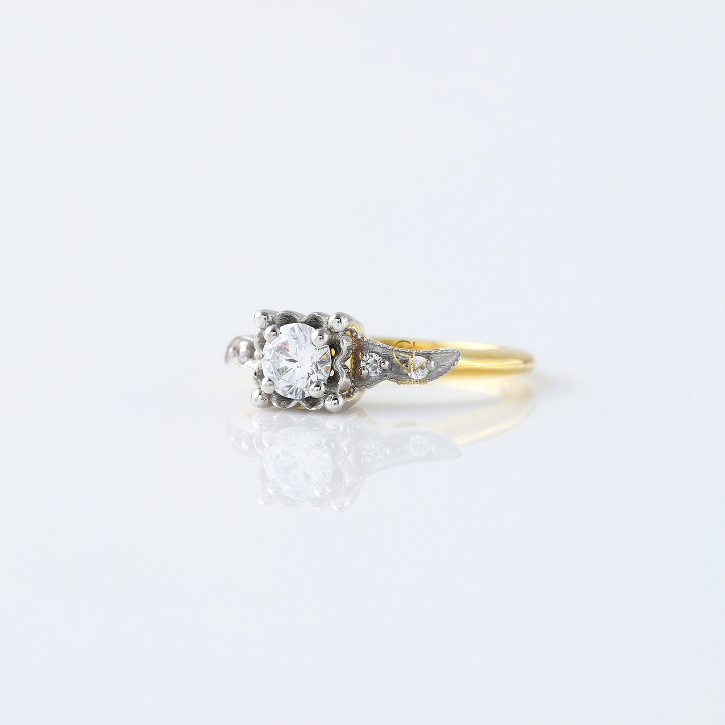 Round Cut Lab Grown Diamond Art Deco Two Tone Engagement Ring