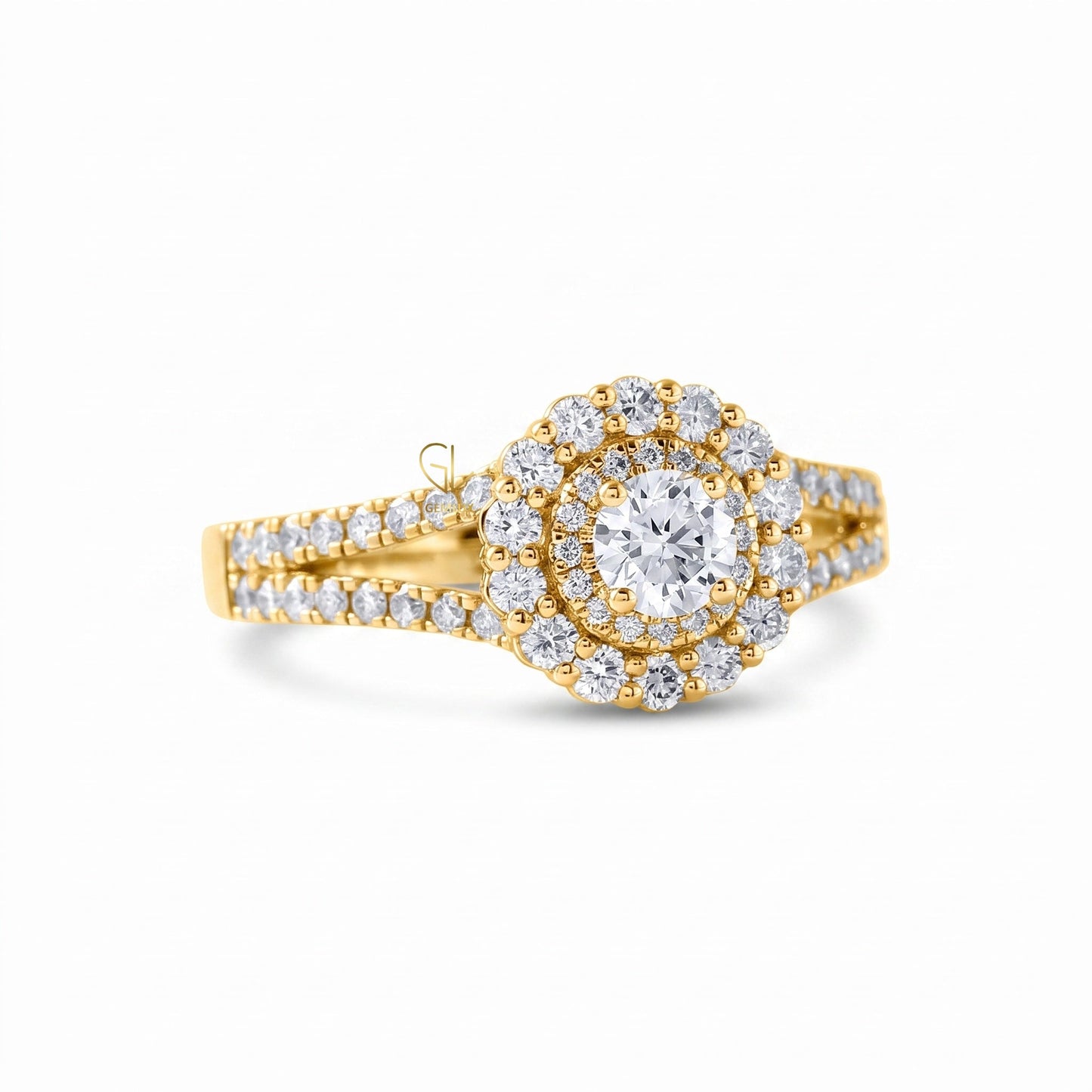 Round Cut Lab Grown Diamond Split Shank Double Halo Engagement Ring