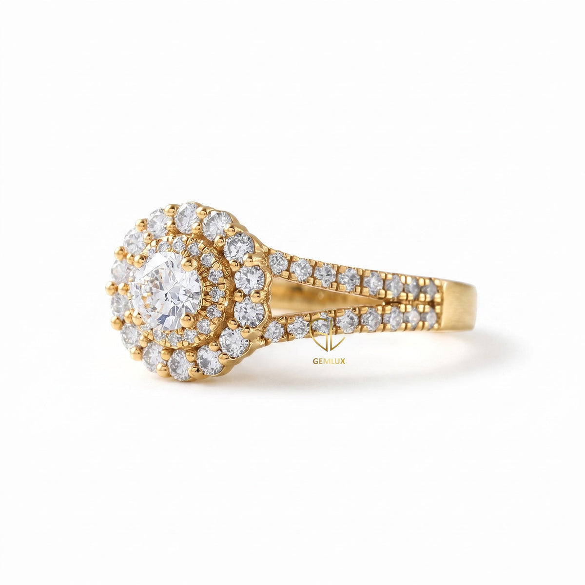 Round Cut Lab Grown Diamond Split Shank Double Halo Engagement Ring