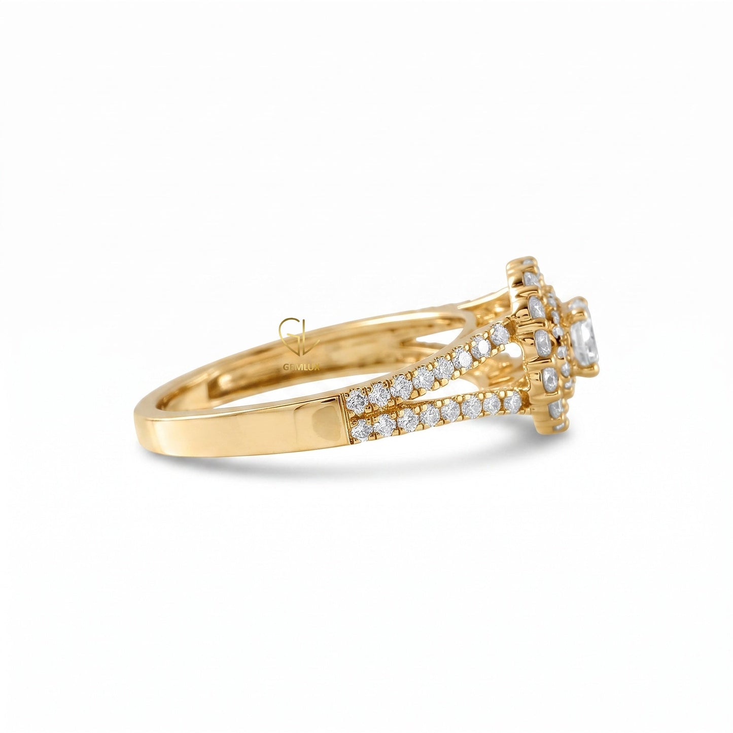 Round Cut Lab Grown Diamond Split Shank Double Halo Engagement Ring