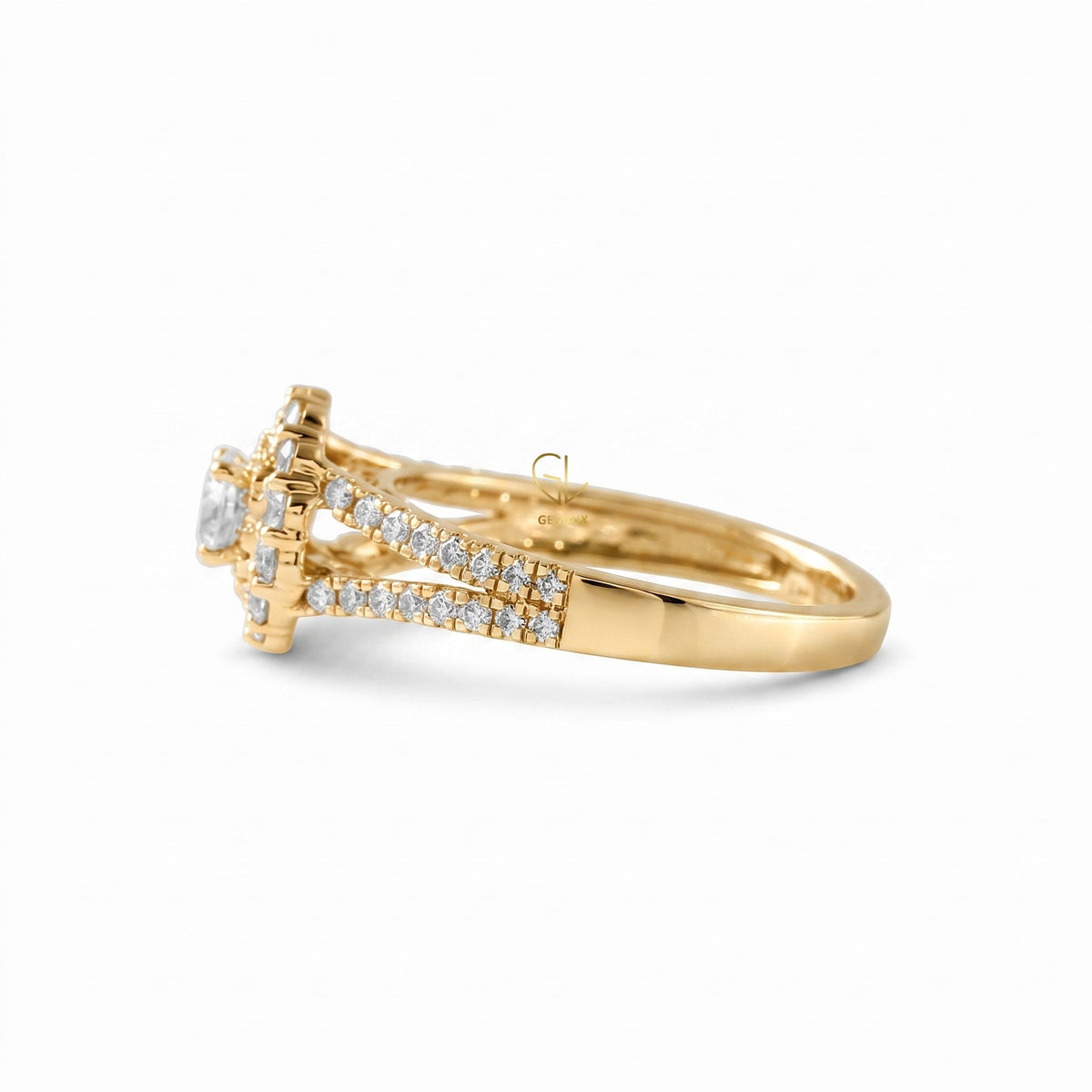 Round Cut Lab Grown Diamond Split Shank Double Halo Engagement Ring