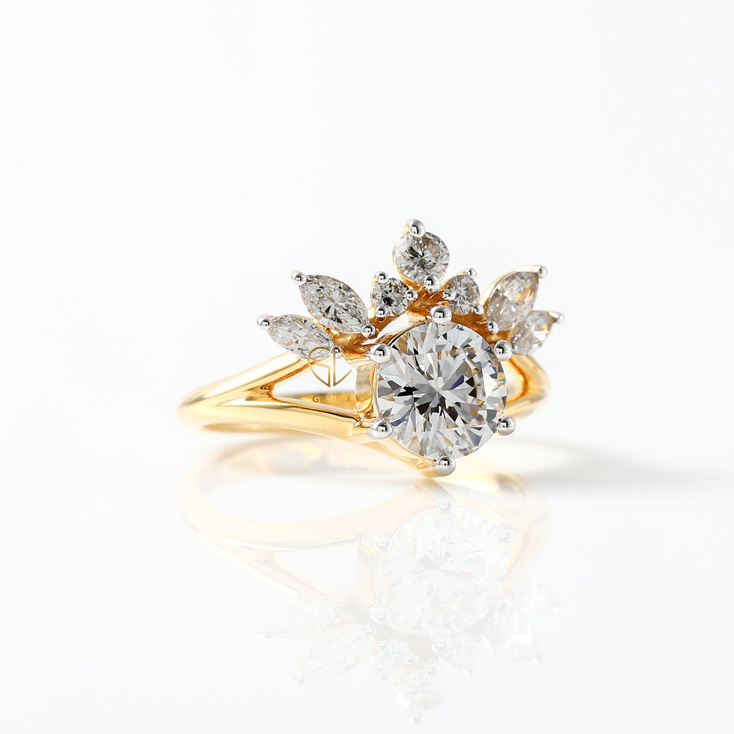 Round Cut Lab Grown Split Shank Queen Crown Ring