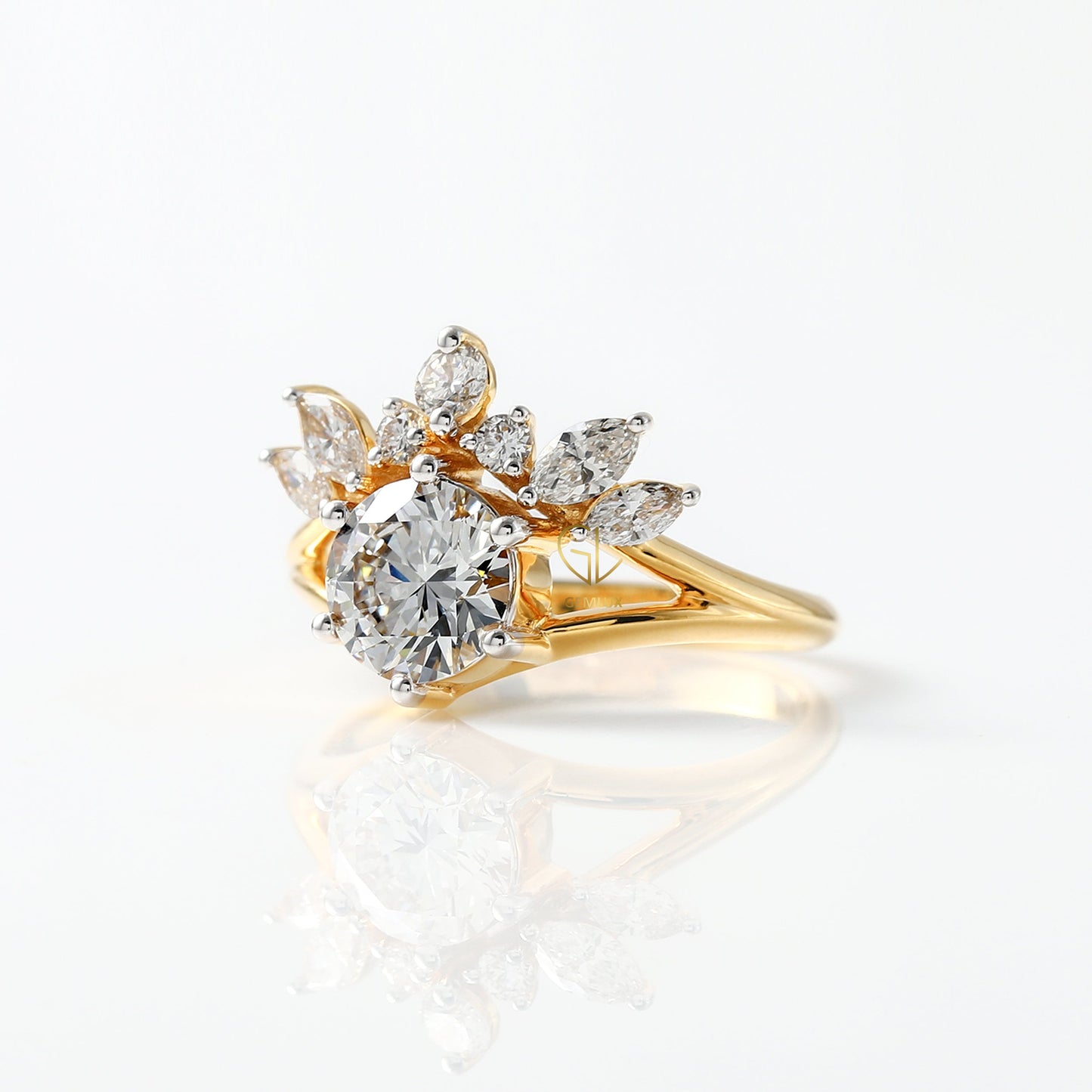 Round Cut Lab Grown Split Shank Queen Crown Ring