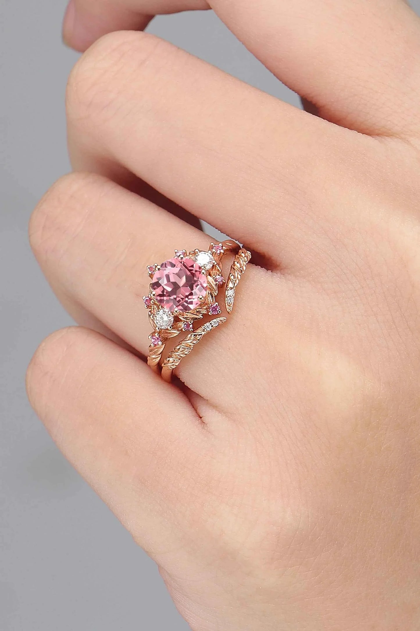 Leaf Inspired Round Pink Sapphire and Moissanite Gemstone Ring Set 2pcs
