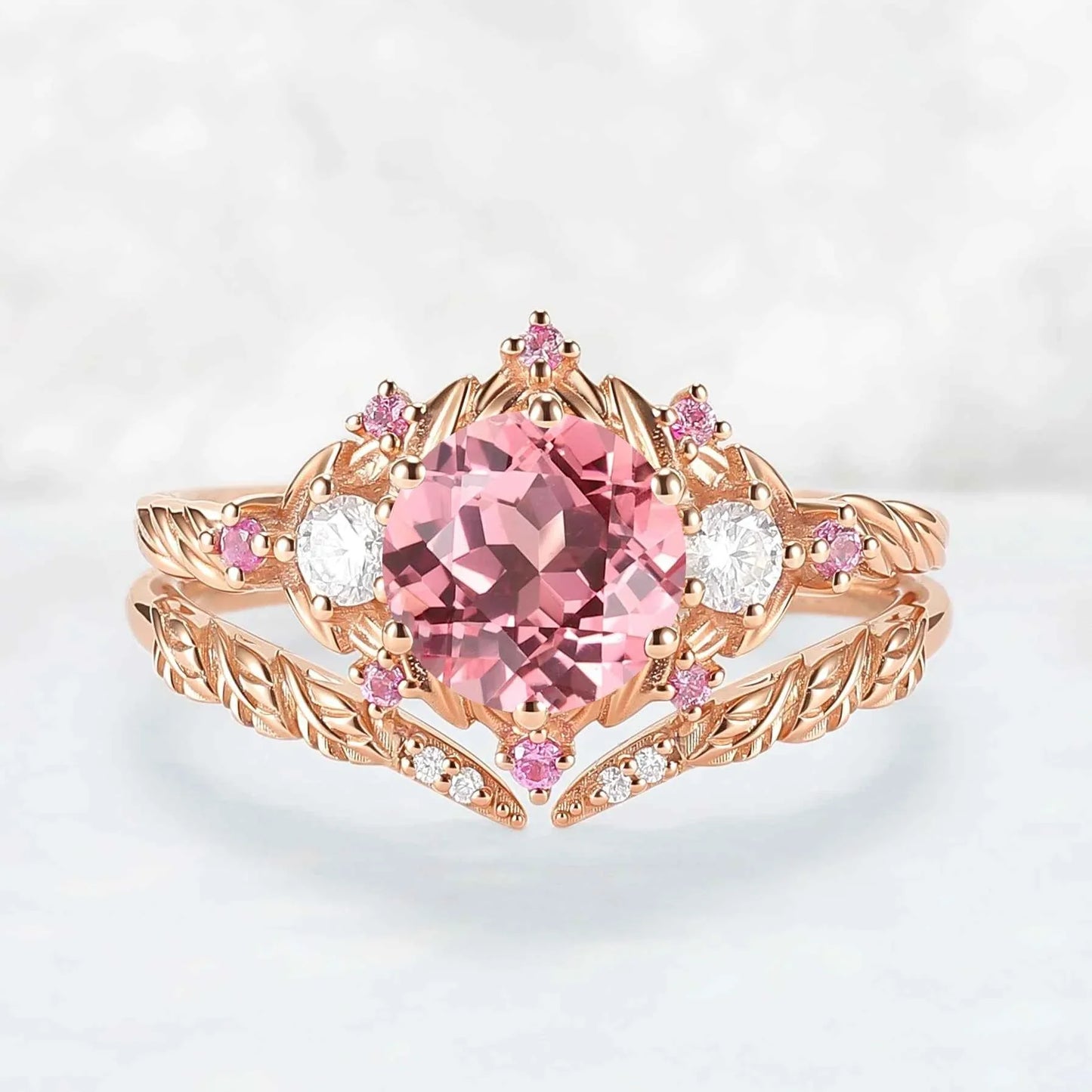 Leaf Inspired Round Pink Sapphire and Moissanite Gemstone Ring Set 2pcs