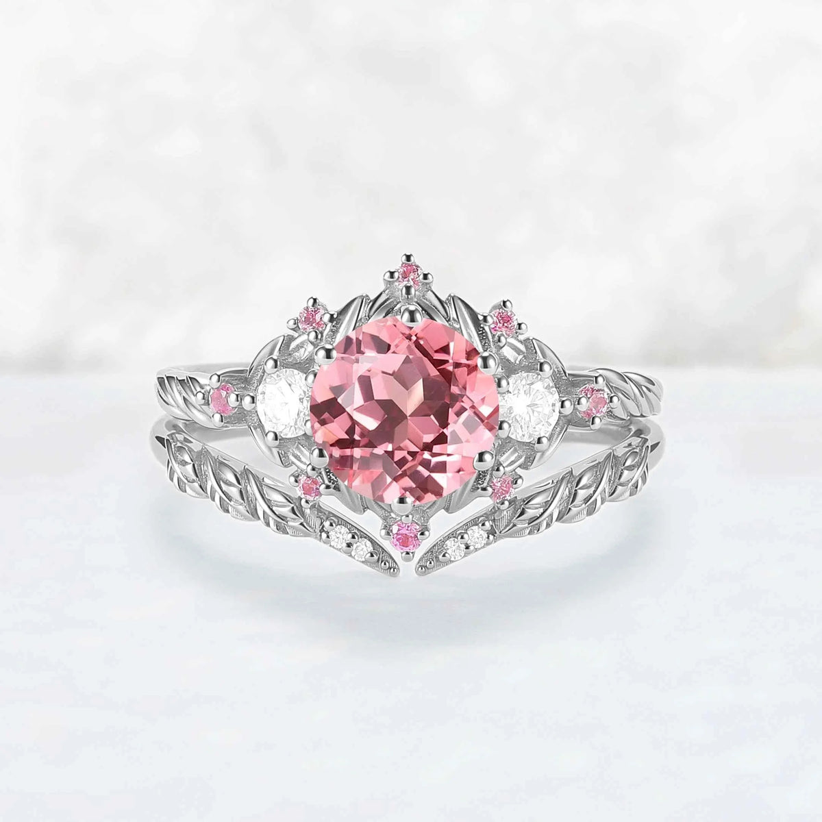 Leaf Inspired Round Pink Sapphire and Moissanite Gemstone Ring Set 2pcs