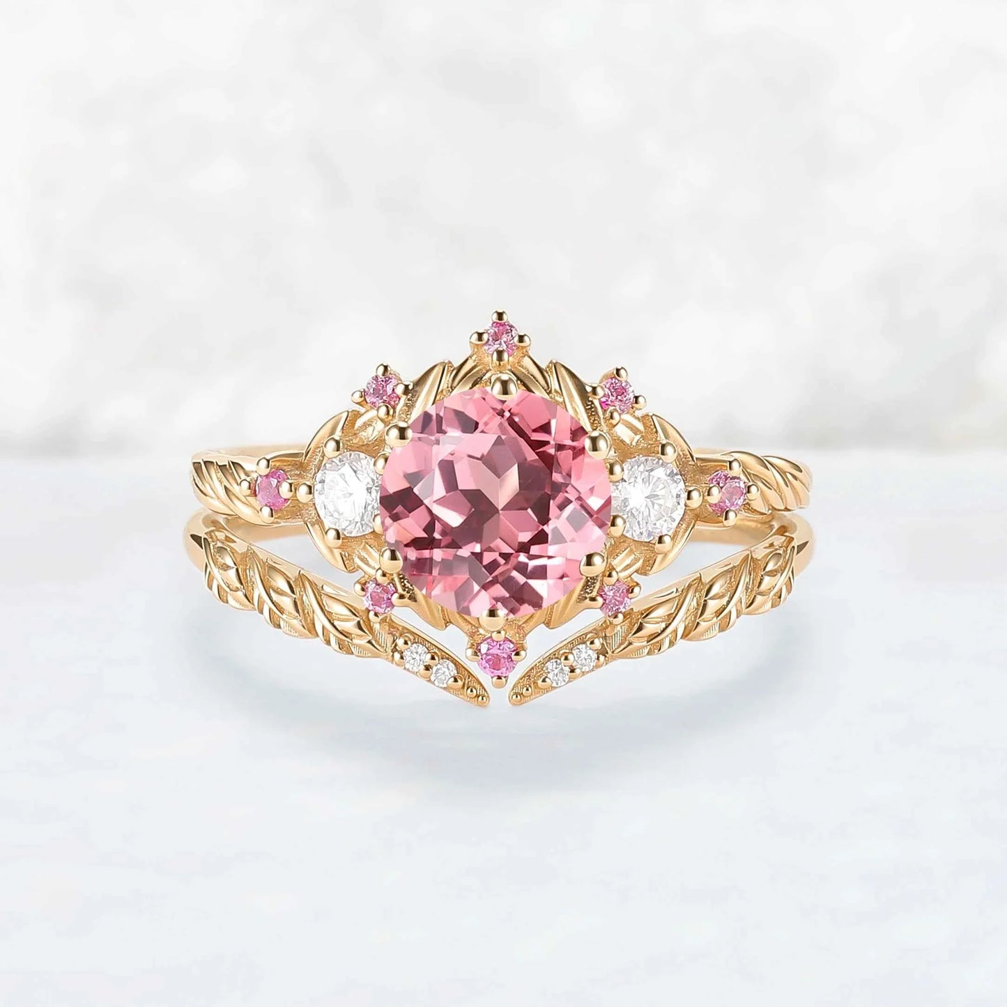 Leaf Inspired Round Pink Sapphire and Moissanite Gemstone Ring Set 2pcs