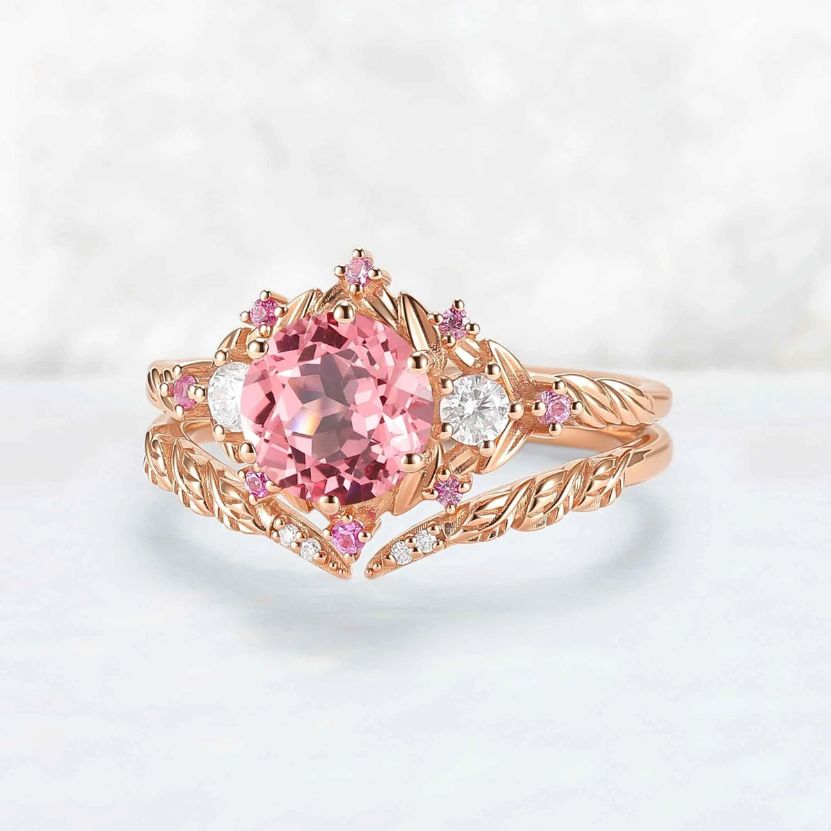 Leaf Inspired Round Pink Sapphire and Moissanite Gemstone Ring Set 2pcs