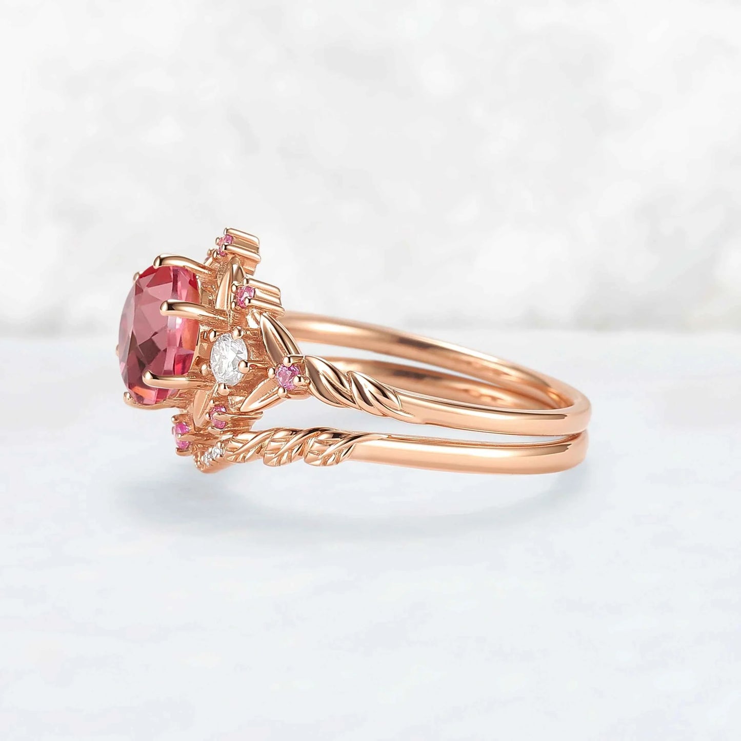 Leaf Inspired Round Pink Sapphire and Moissanite Gemstone Ring Set 2pcs