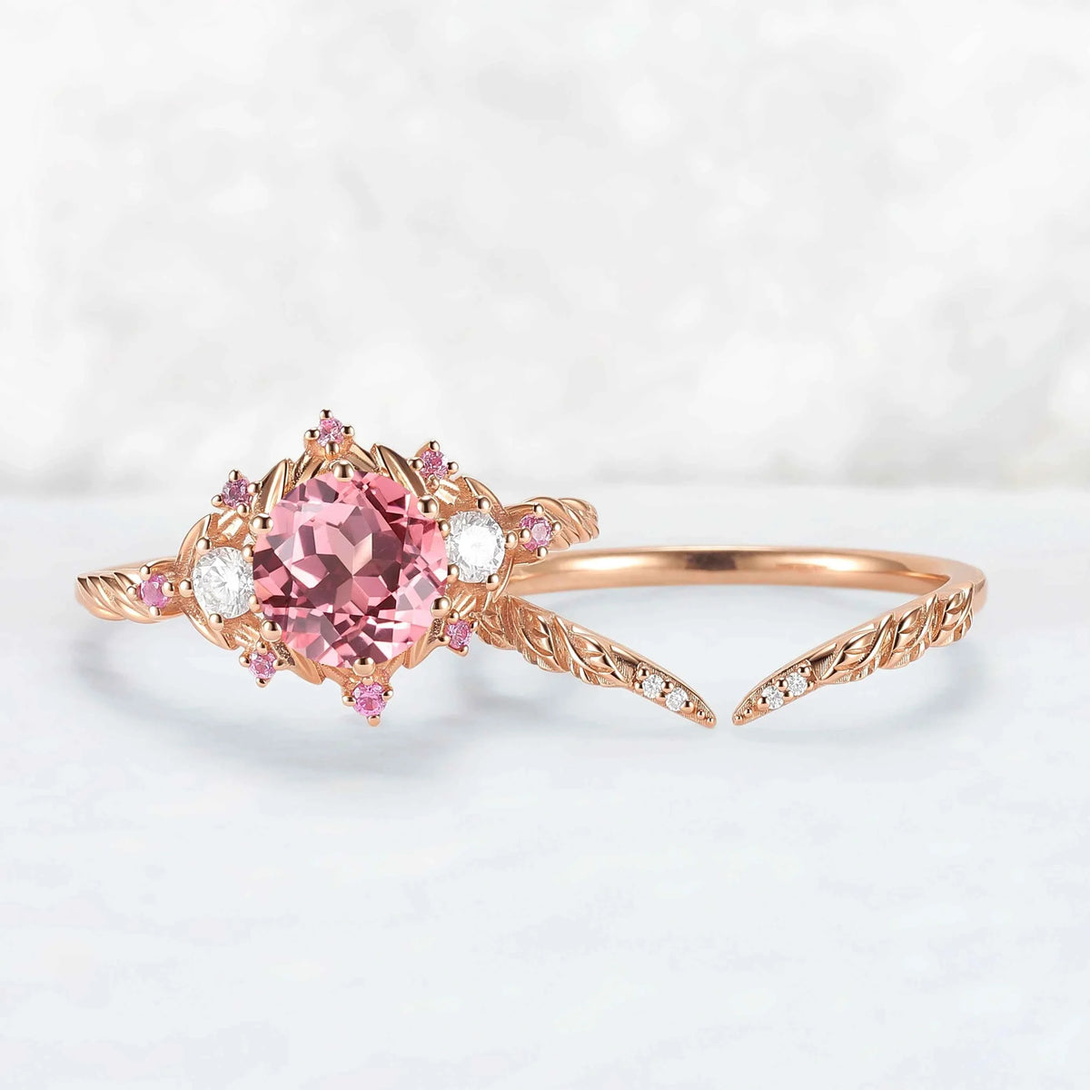 Leaf Inspired Round Pink Sapphire and Moissanite Gemstone Ring Set 2pcs