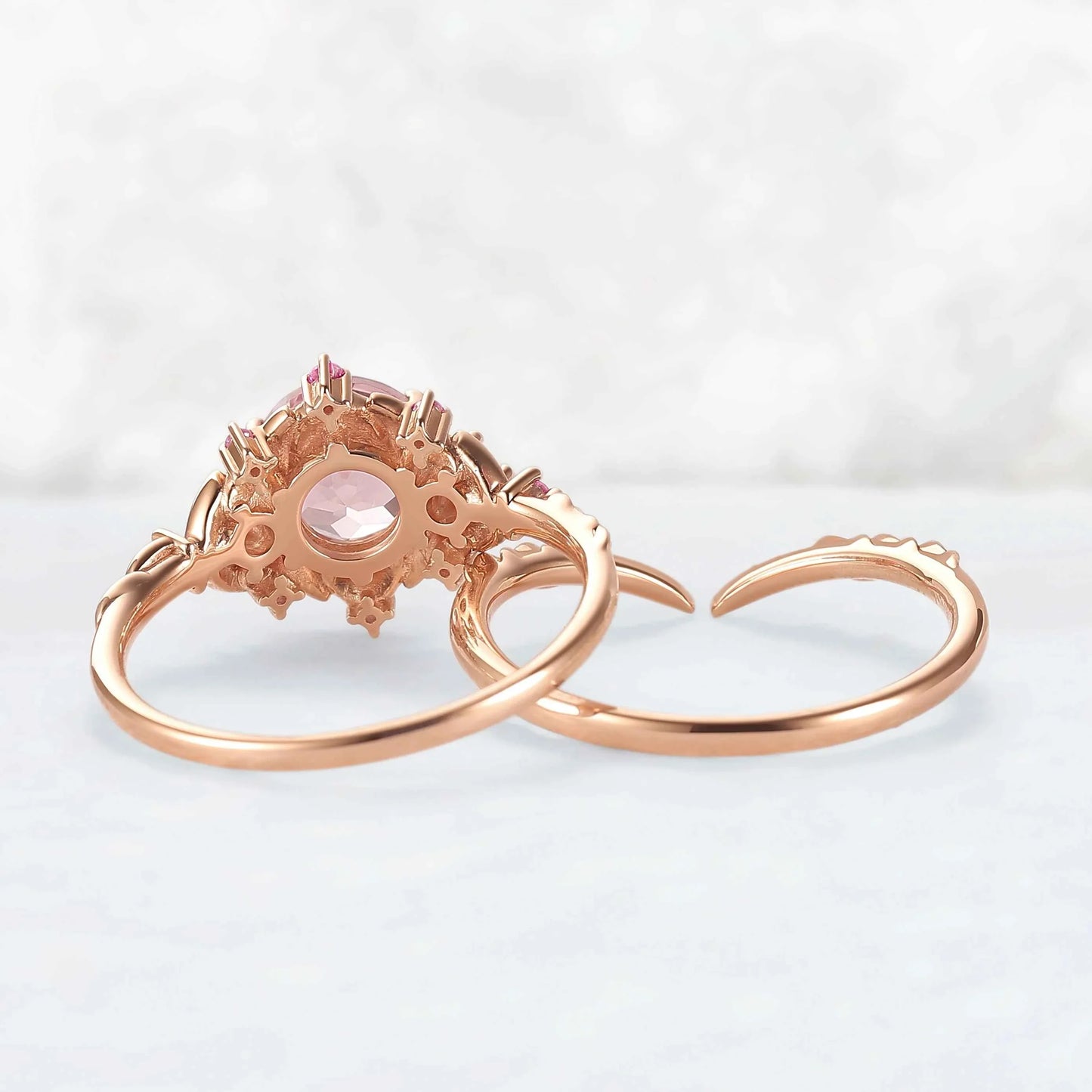 Leaf Inspired Round Pink Sapphire and Moissanite Gemstone Ring Set 2pcs