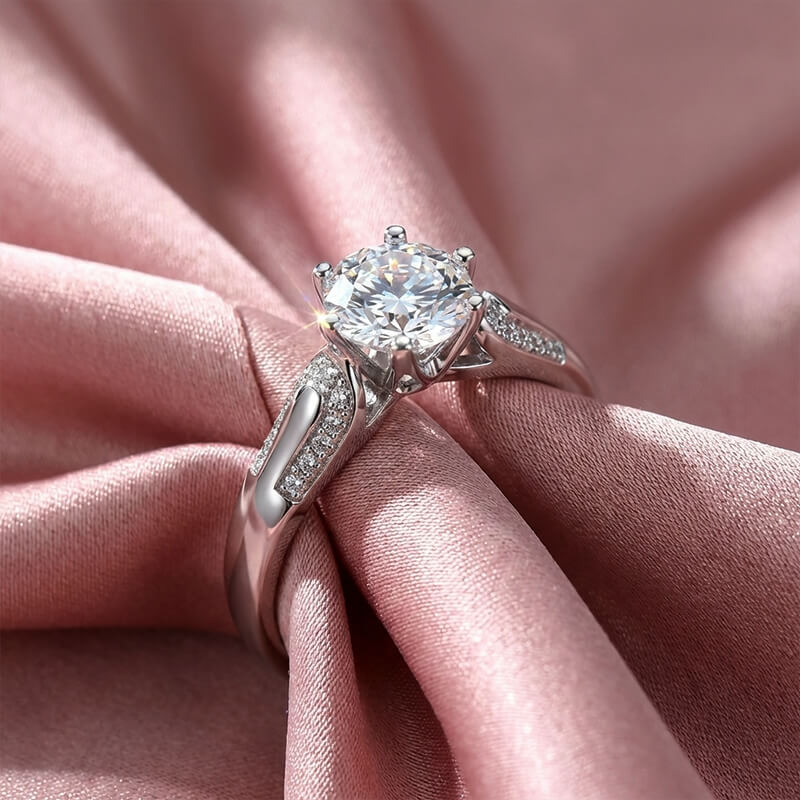 Round Cut Moissanite Engagement Ring with Fluid Pave Accents