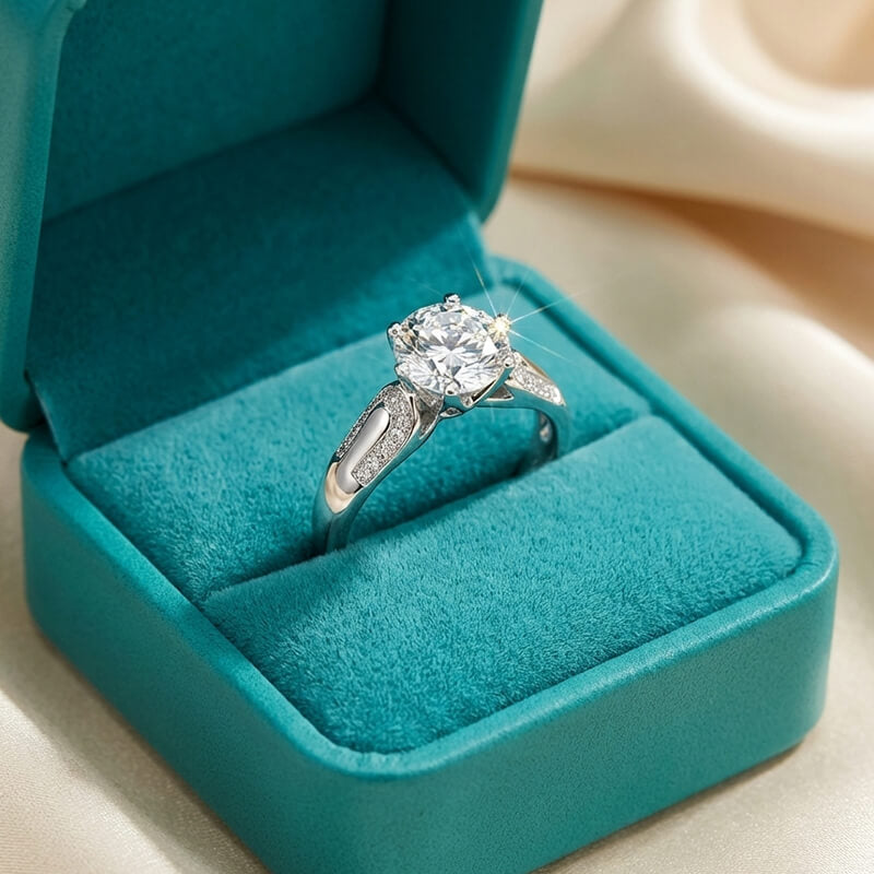 Round Cut Moissanite Engagement Ring with Fluid Pave Accents