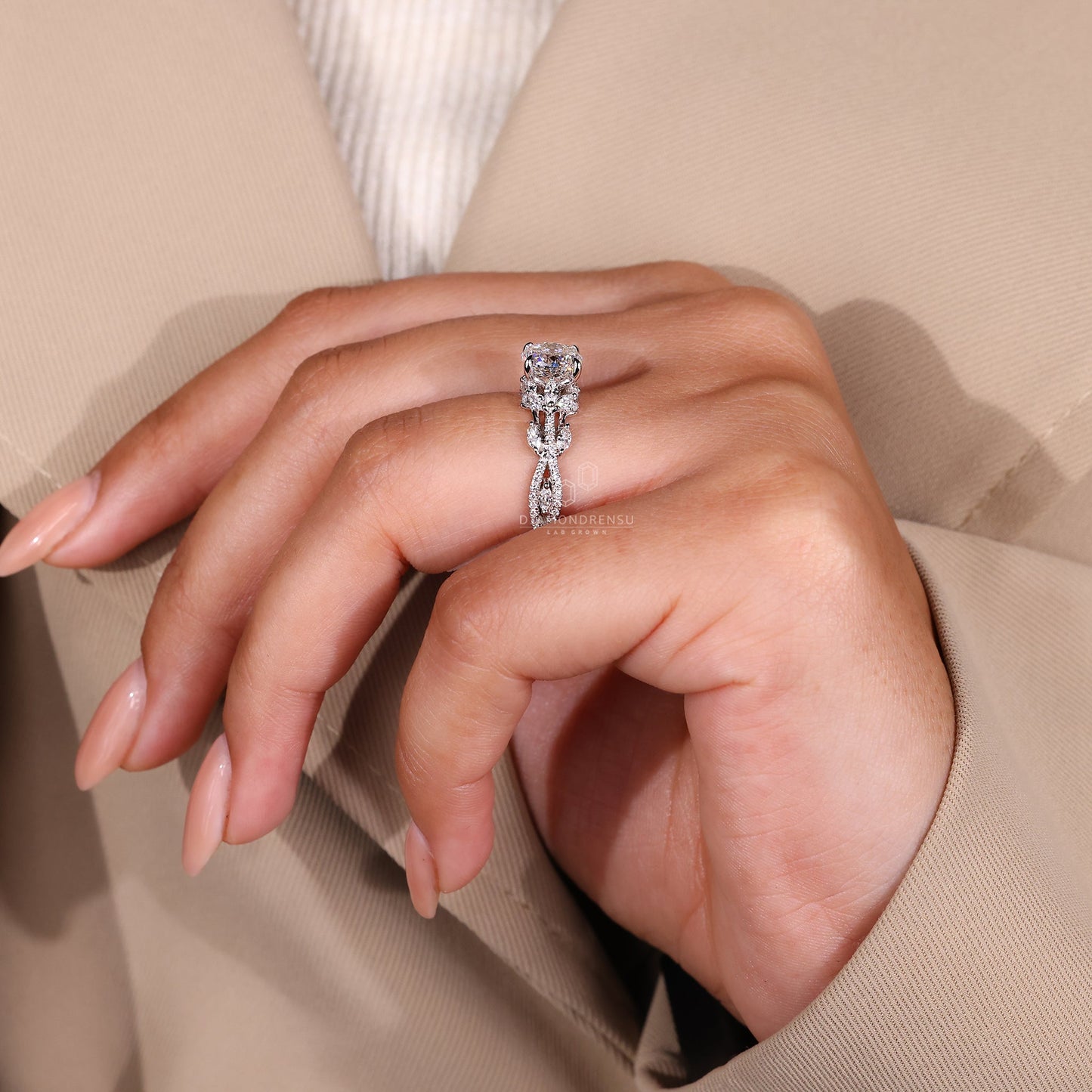 Vintage Style Portuguese Cut Diamond Ring with Twisted Pave Band