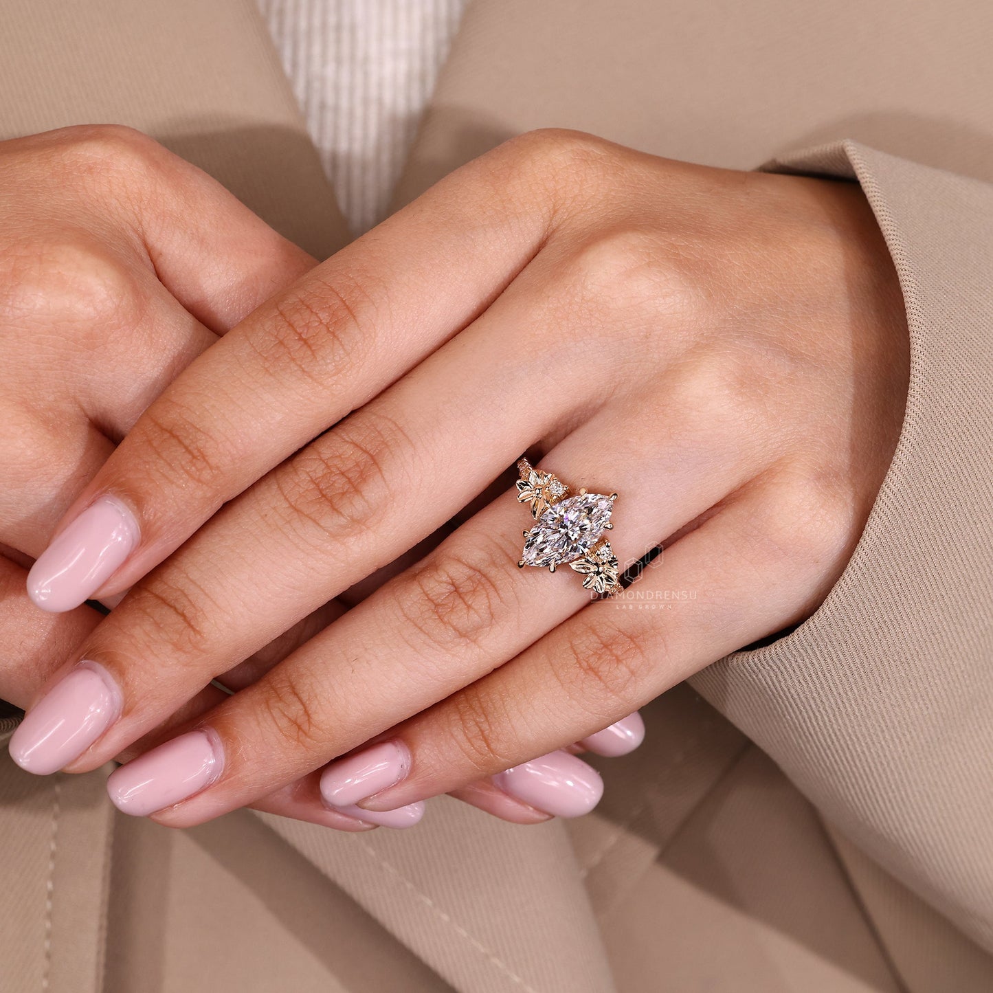 Nature Inspired Marquise Cut Engagement Ring with Flower Design