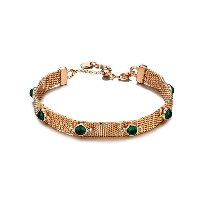 Round Emerald Evenly Spaced Mesh Sterling Silver Bracelet