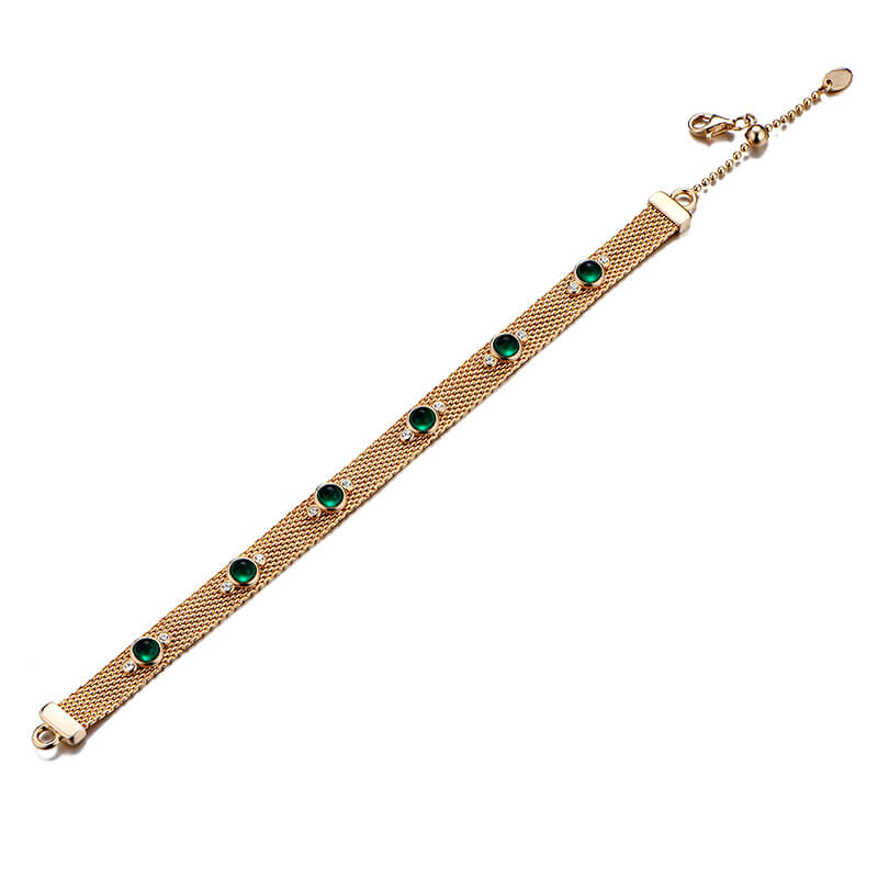 Round Emerald Evenly Spaced Mesh Sterling Silver Bracelet