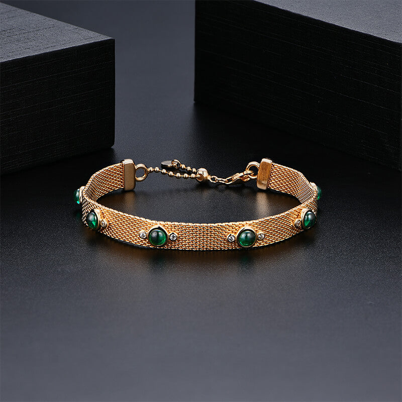 Round Emerald Evenly Spaced Mesh Sterling Silver Bracelet