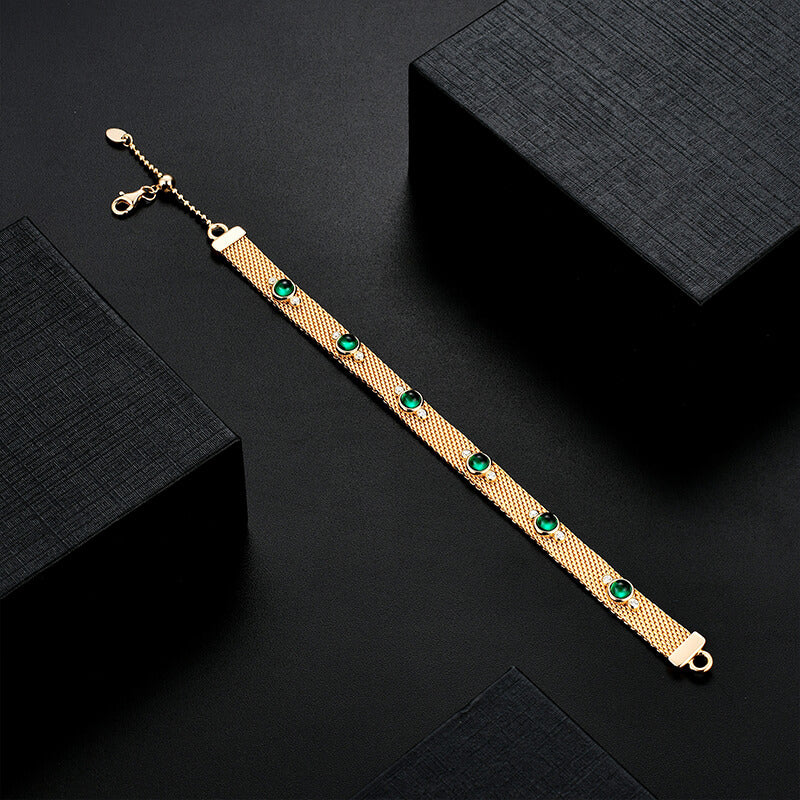 Round Emerald Evenly Spaced Mesh Sterling Silver Bracelet