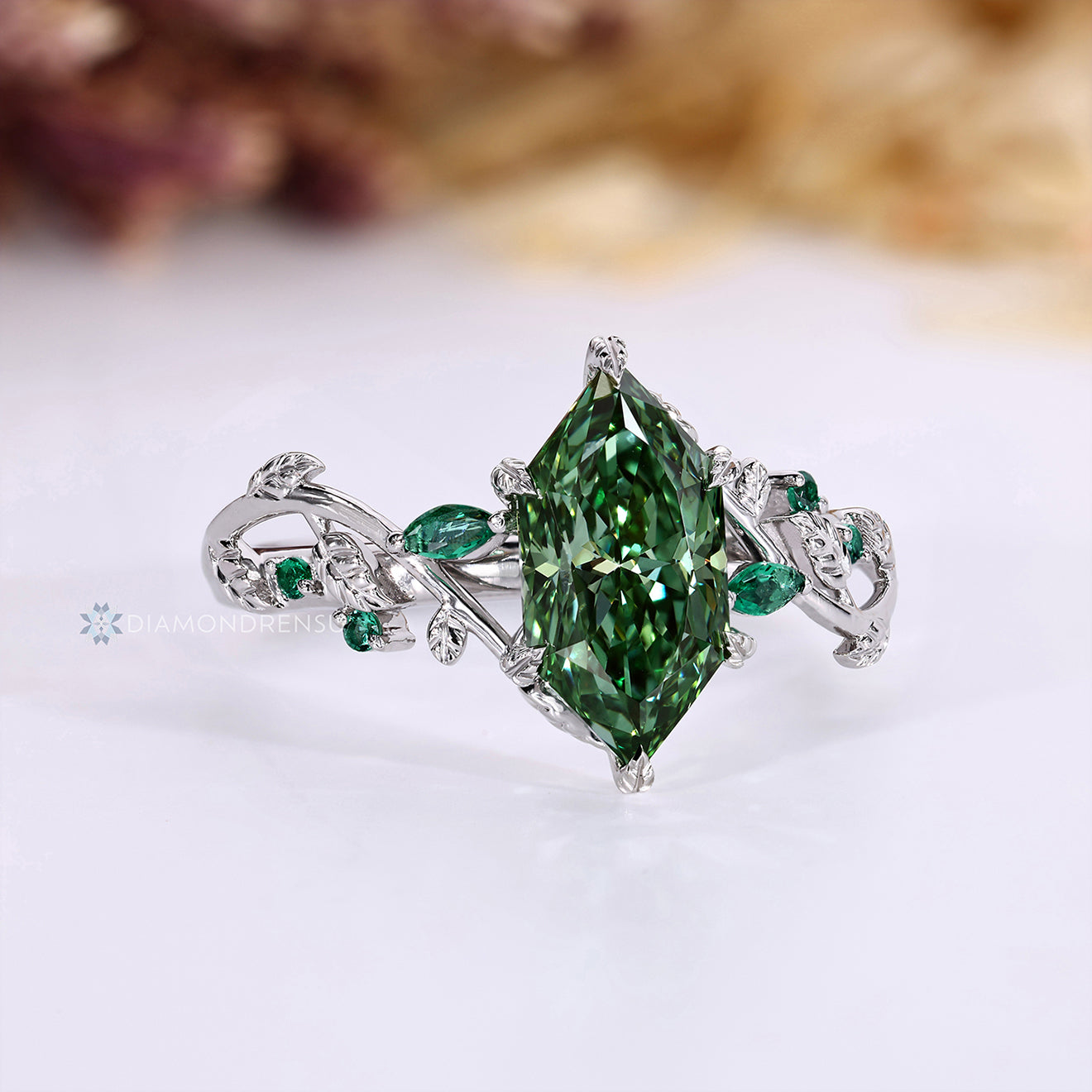 Green Dutch Marquise Diamond Ring in Nature Inspired Style