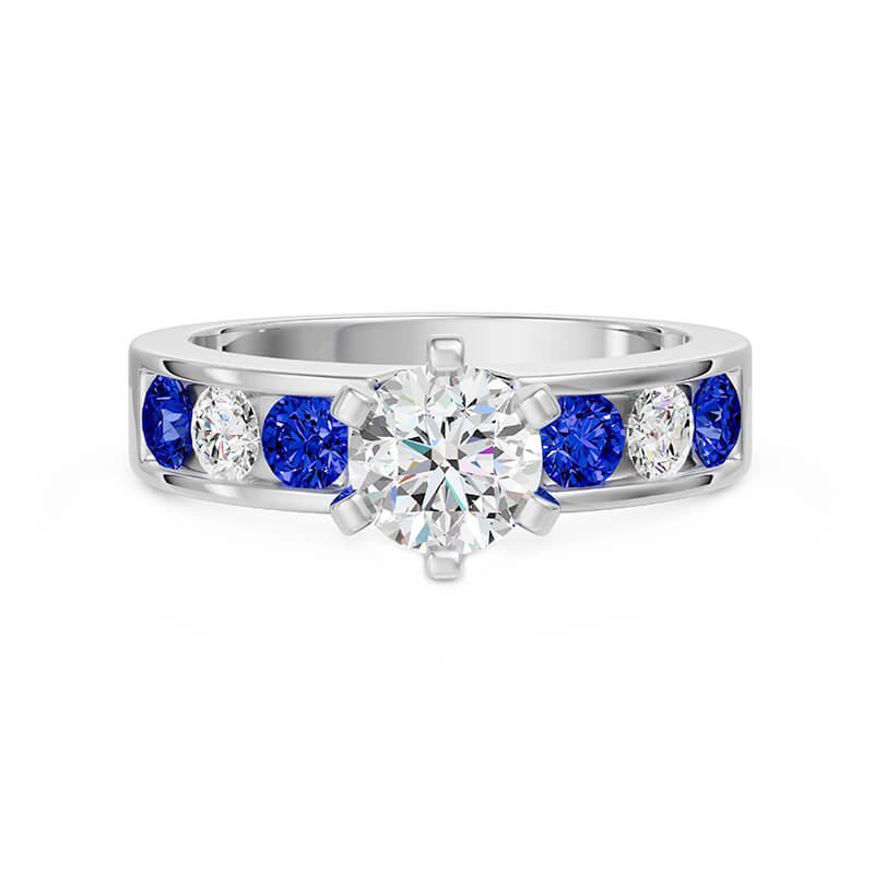 Round Moissanite Alternating White And Sapphire Channel-Set Engagement Ring