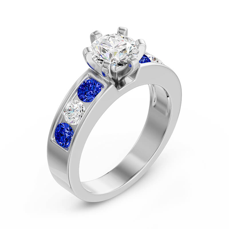 Round Moissanite Alternating White And Sapphire Channel-Set Engagement Ring