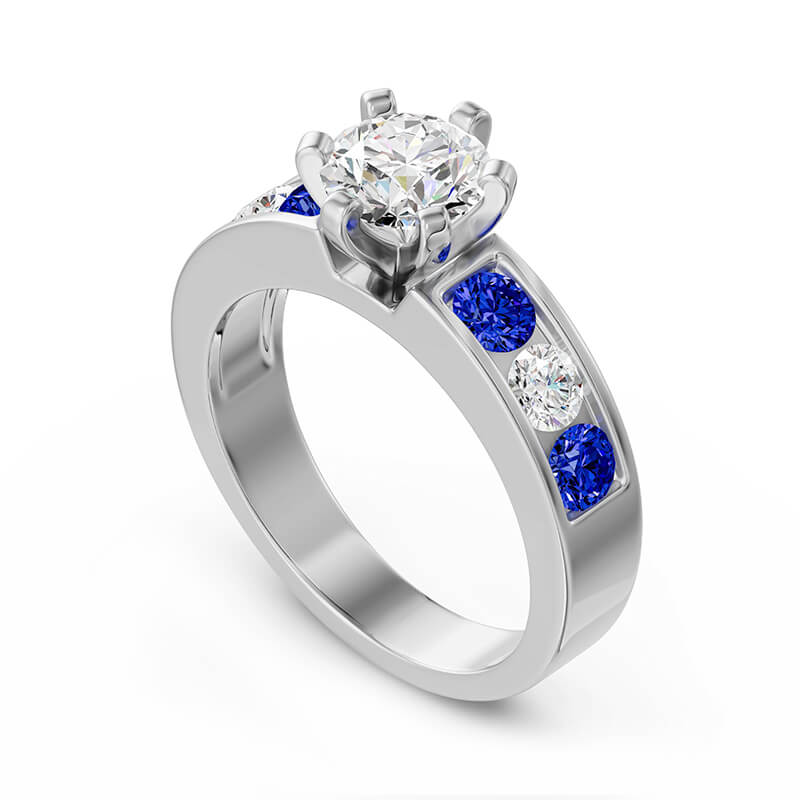 Round Moissanite Alternating White And Sapphire Channel-Set Engagement Ring