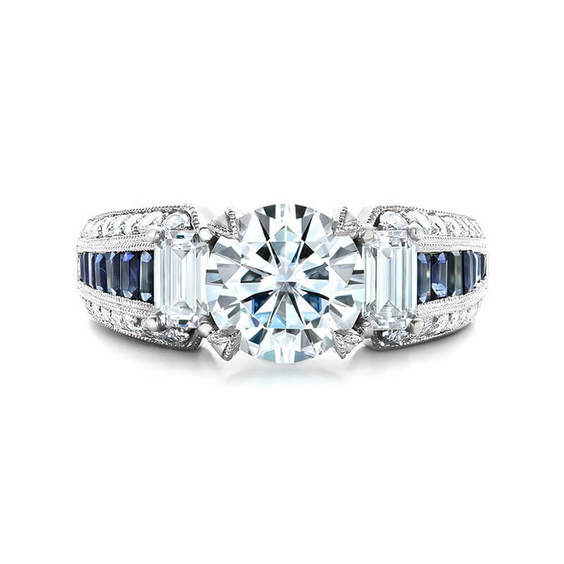 Round Moissanite And Emerald-Cut Sapphire Channel Set Milgrain Engagement Ring