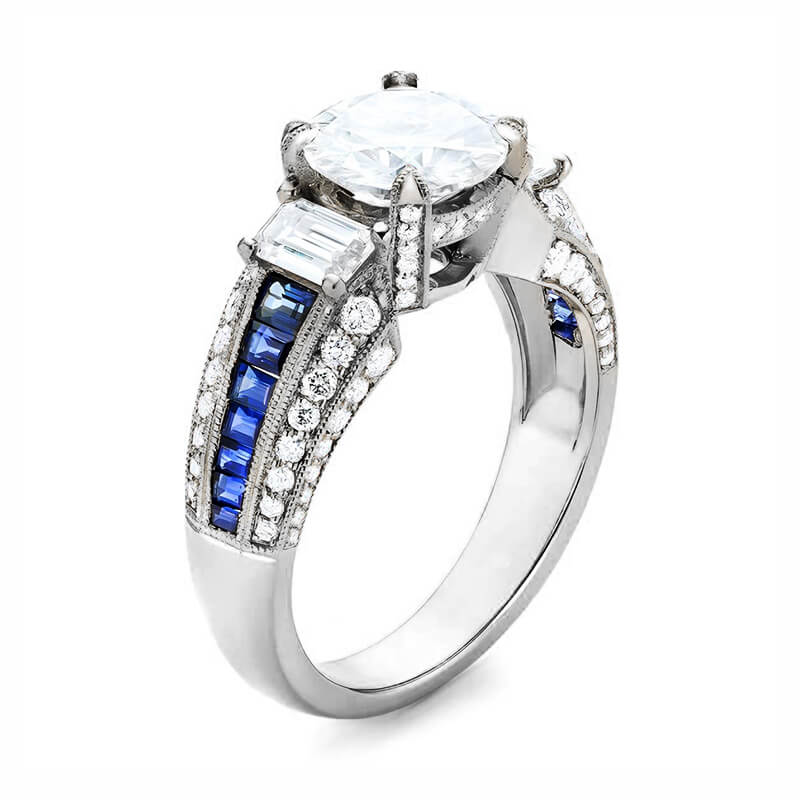 Round Moissanite And Emerald-Cut Sapphire Channel Set Milgrain Engagement Ring