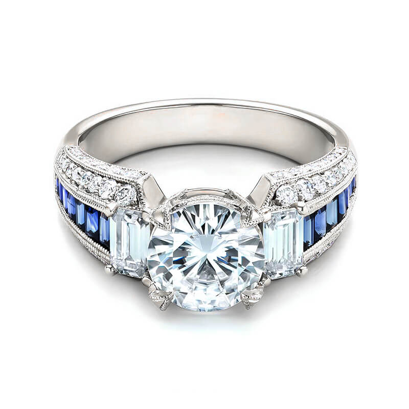 Round Moissanite And Emerald-Cut Sapphire Channel Set Milgrain Engagement Ring