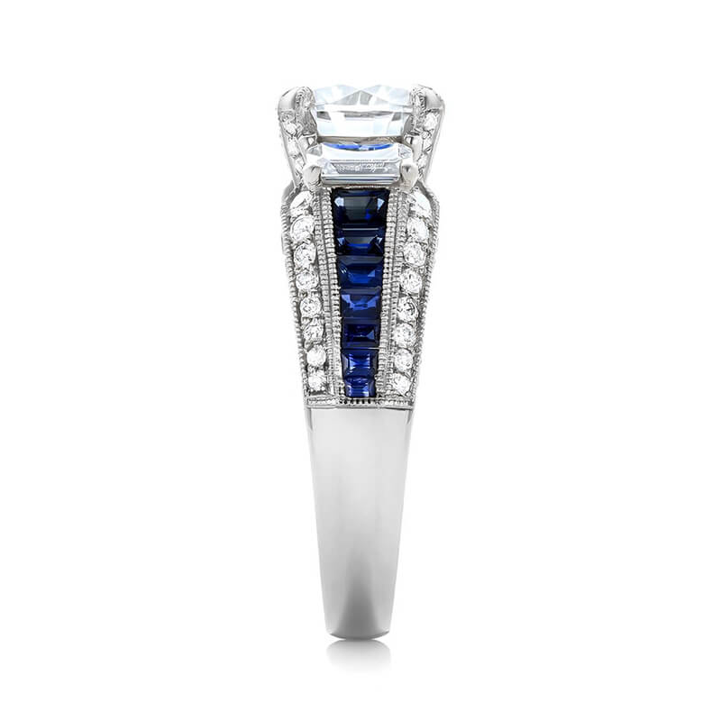 Round Moissanite And Emerald-Cut Sapphire Channel Set Milgrain Engagement Ring