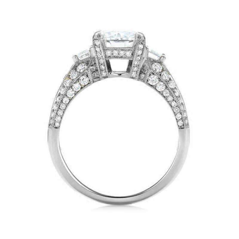 Round Moissanite And Emerald-Cut Sapphire Channel Set Milgrain Engagement Ring