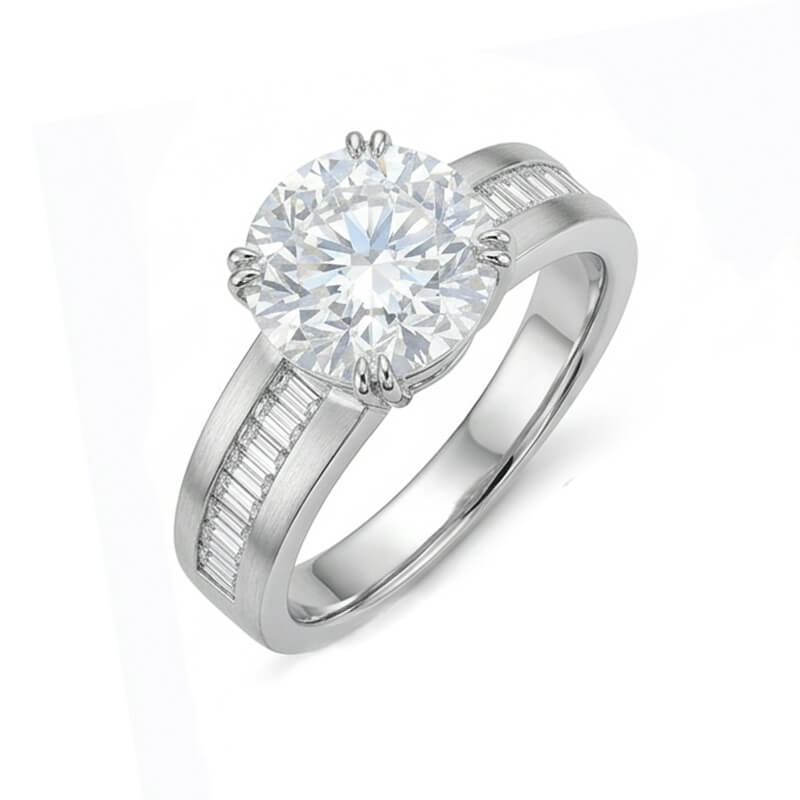 Round Moissanite Baguette Channel Set Accents Engagement Ring
