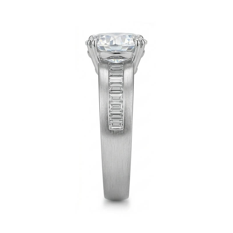 Round Moissanite Baguette Channel Set Accents Engagement Ring